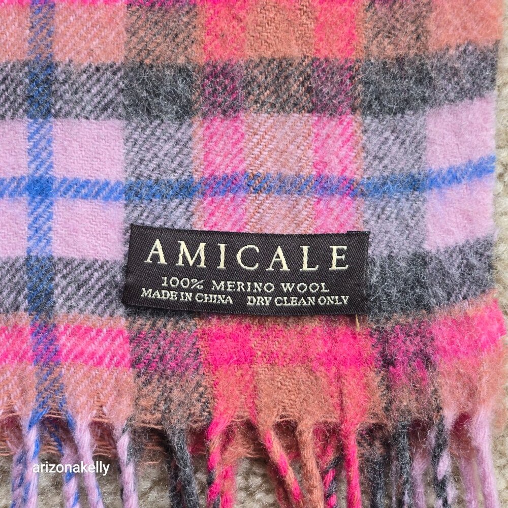 NWOT Amicale 100% Merino Wool Pink Plaid Scarf - Picture 3 of 8